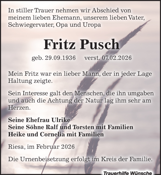 Traueranzeige von Fritz Pusch von Sächsische Zeitung