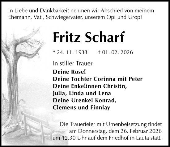 Traueranzeige von Fritz Scharf von Sächsische Zeitung