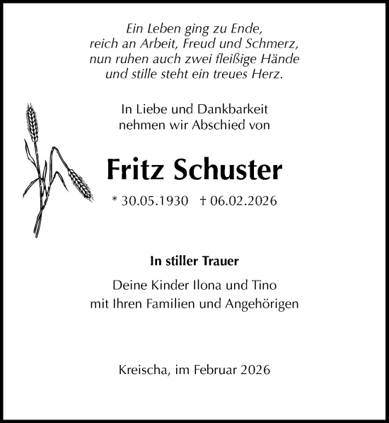 Traueranzeige von Fritz Schuster von Sächsische Zeitung