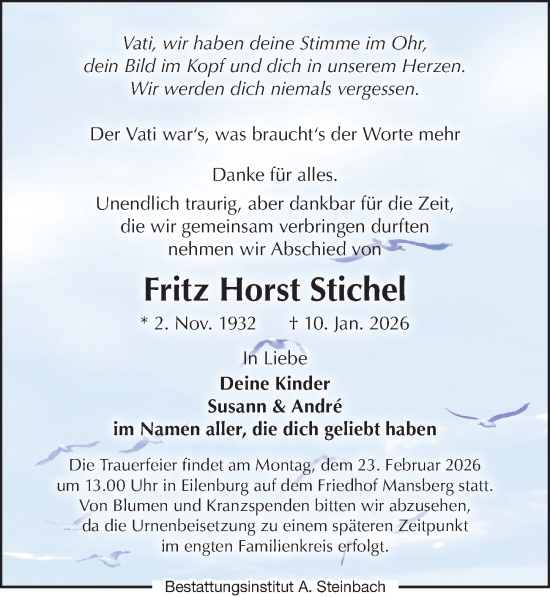 Traueranzeige von Fritz Horst Stichel von Leipziger Volkszeitung