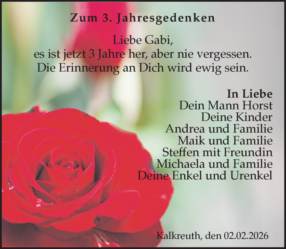  Traueranzeige für Gabi  vom 07.02.2026 aus Sächsische Zeitung
