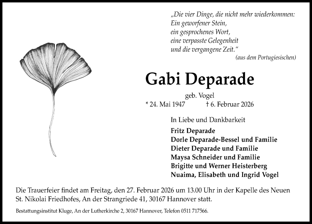  Traueranzeige für Gabi Deparade vom 21.02.2026 aus Hannoversche Allgemeine Zeitung/Neue Presse