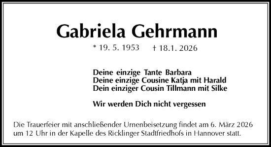 Traueranzeige von Gabriela Gehrmann von Hannoversche Allgemeine Zeitung/Neue Presse