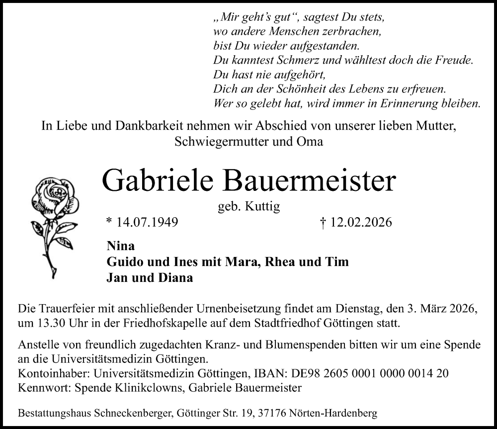  Traueranzeige für Gabriele Bauermeister vom 21.02.2026 aus Göttinger Tageblatt