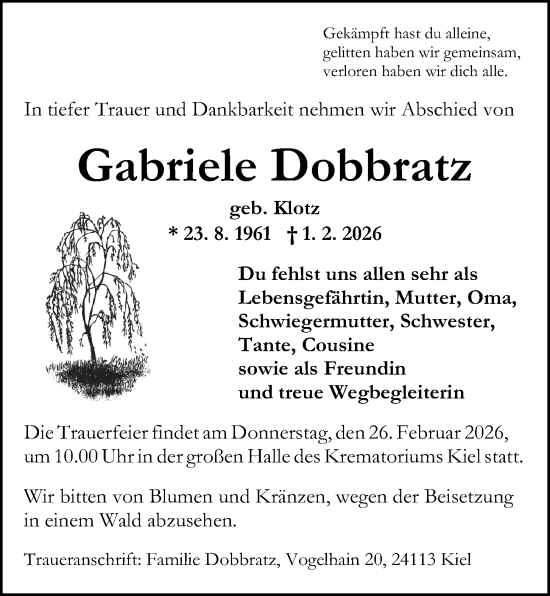 Traueranzeige von Gabriele Dobbratz von Kieler Nachrichten