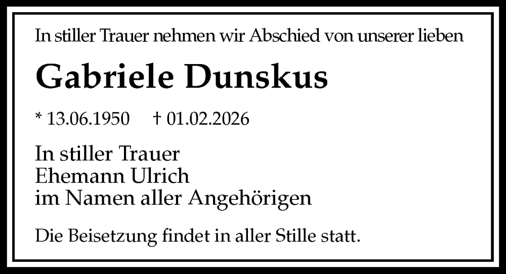  Traueranzeige für Gabriele Dunskus vom 14.02.2026 aus Sächsische Zeitung
