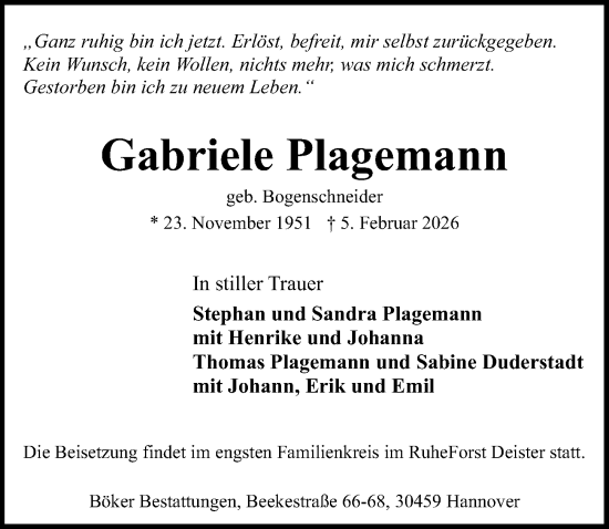 Traueranzeige von Gabriele Plagemann von Hannoversche Allgemeine Zeitung/Neue Presse