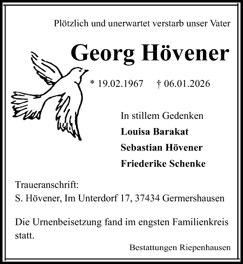  Traueranzeige für Georg Hövener vom 07.02.2026 aus Eichsfelder Tageblatt