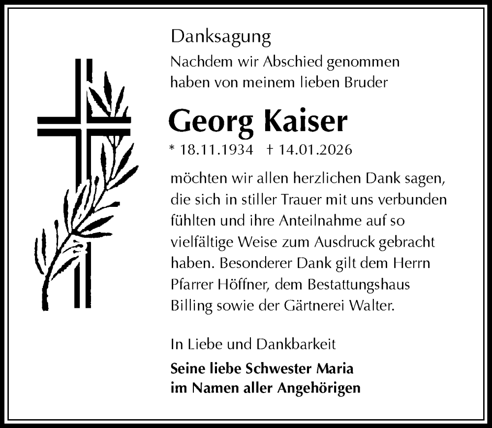  Traueranzeige für Georg Kaiser vom 07.02.2026 aus Sächsische Zeitung