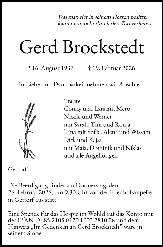 Traueranzeige von Gerd Brockstedt von Kieler Nachrichten