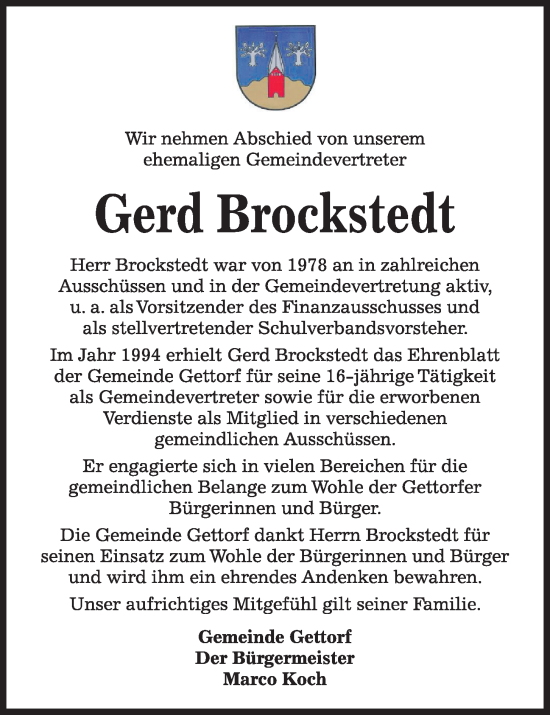 Traueranzeige von Gerd Brockstedt von Kieler Nachrichten