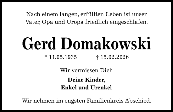 Traueranzeige von Gerd Domakowski von Kieler Nachrichten