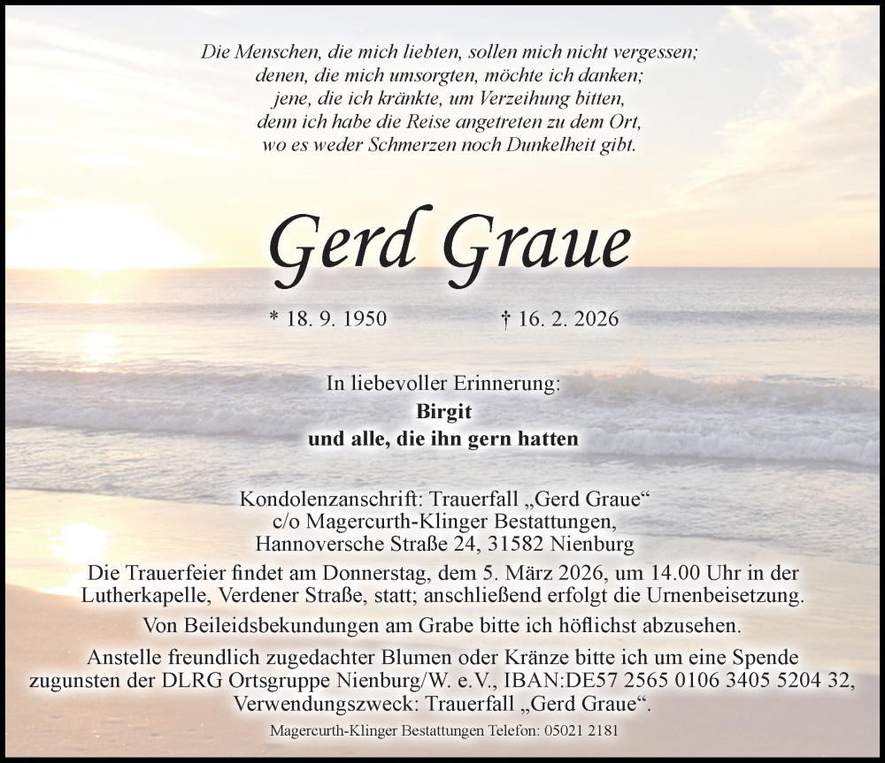  Traueranzeige für Gerd Graue vom 28.02.2026 aus Die Harke