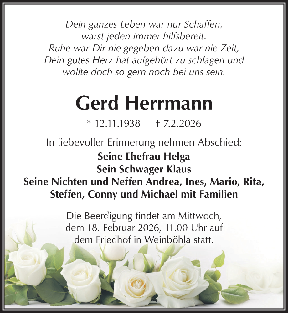  Traueranzeige für Gerd Herrmann vom 14.02.2026 aus Sächsische Zeitung