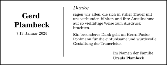Traueranzeige von Gerd Plambeck von Kieler Nachrichten