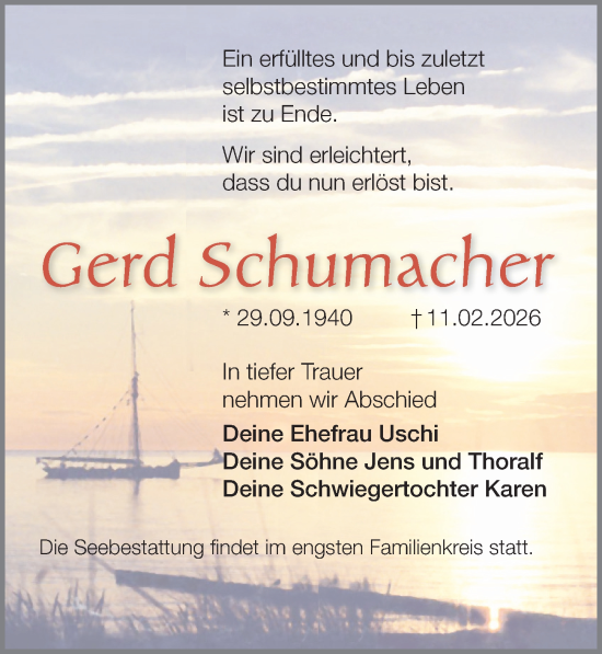 Traueranzeige von Gerd Schumacher von Ostsee-Zeitung GmbH