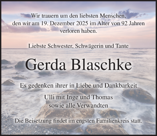 Traueranzeige von Gerda Blaschke von Ostsee-Zeitung GmbH