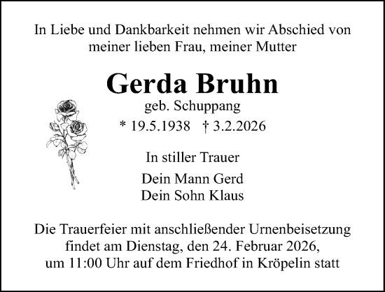Traueranzeige von Gerda Bruhn von Ostsee-Zeitung GmbH