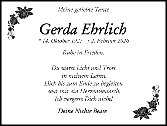 Traueranzeige von Gerda Ehrlich von Kieler Nachrichten