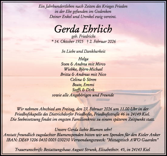 Traueranzeige von Gerda Ehrlich von Kieler Nachrichten