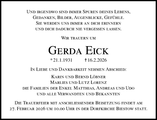 Traueranzeige von Gerda Eick von Ostsee-Zeitung GmbH