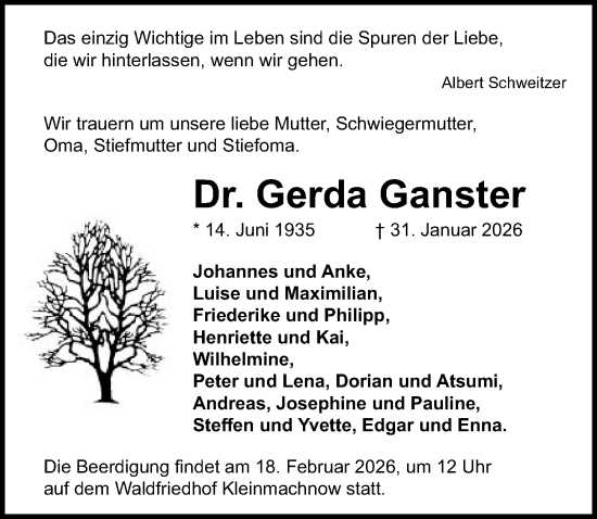 Traueranzeige von Gerda Ganster von Märkischen Allgemeine Zeitung