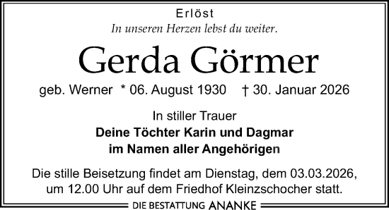 Traueranzeige von Gerda Görmer von Leipziger Volkszeitung