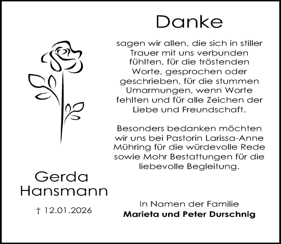 Traueranzeige von Gerda Hansmann von Aller Zeitung