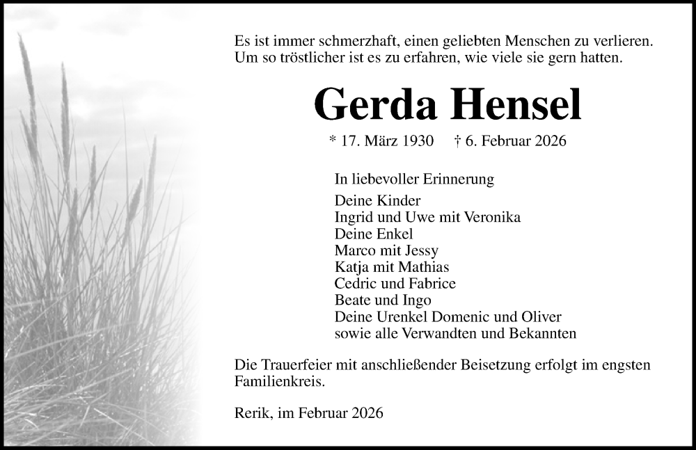  Traueranzeige für Gerda Hensel vom 14.02.2026 aus Ostsee-Zeitung GmbH