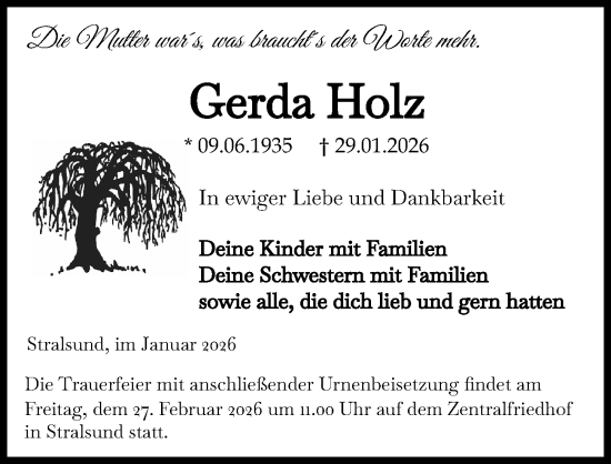 Traueranzeige von Gerda Holz von Ostsee-Zeitung GmbH