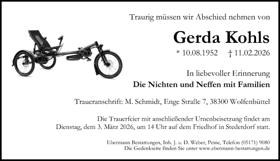 Traueranzeige von Gerda Kohls von Peiner Allgemeine Zeitung