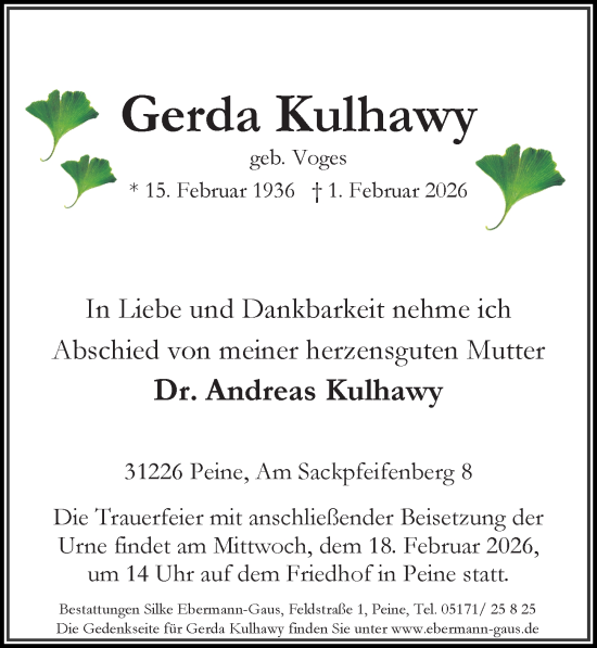 Traueranzeige von Gerda Kulhawy von Peiner Allgemeine Zeitung