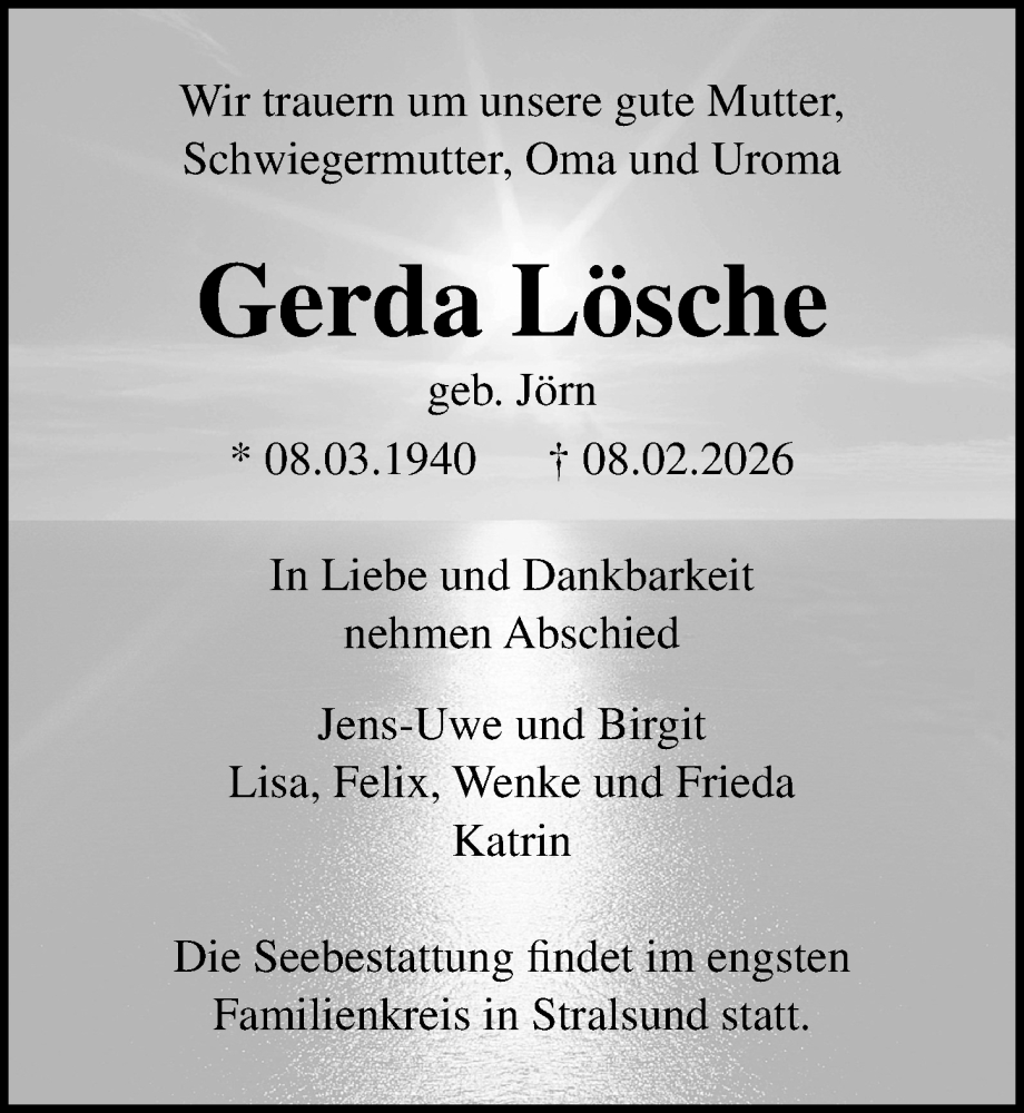  Traueranzeige für Gerda Lösche vom 21.02.2026 aus Ostsee-Zeitung GmbH