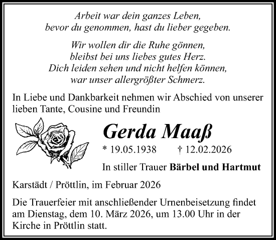 Traueranzeige von Gerda Maaß von Wochenspiegel