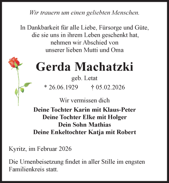 Traueranzeige von Gerda Machatzki von Wochenspiegel