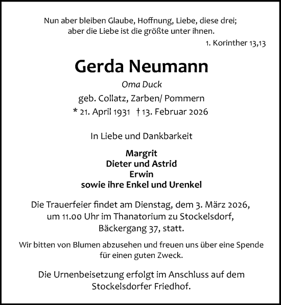 Traueranzeige von Gerda Neumann von Lübecker Nachrichten
