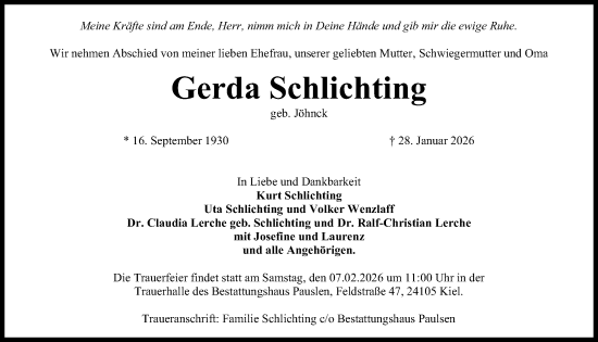 Traueranzeige von Gerda Schlichting von Kieler Nachrichten