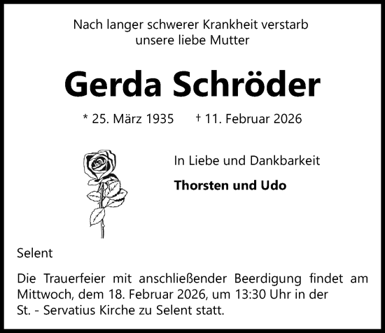 Traueranzeige von Gerda Schröder von Kieler Nachrichten