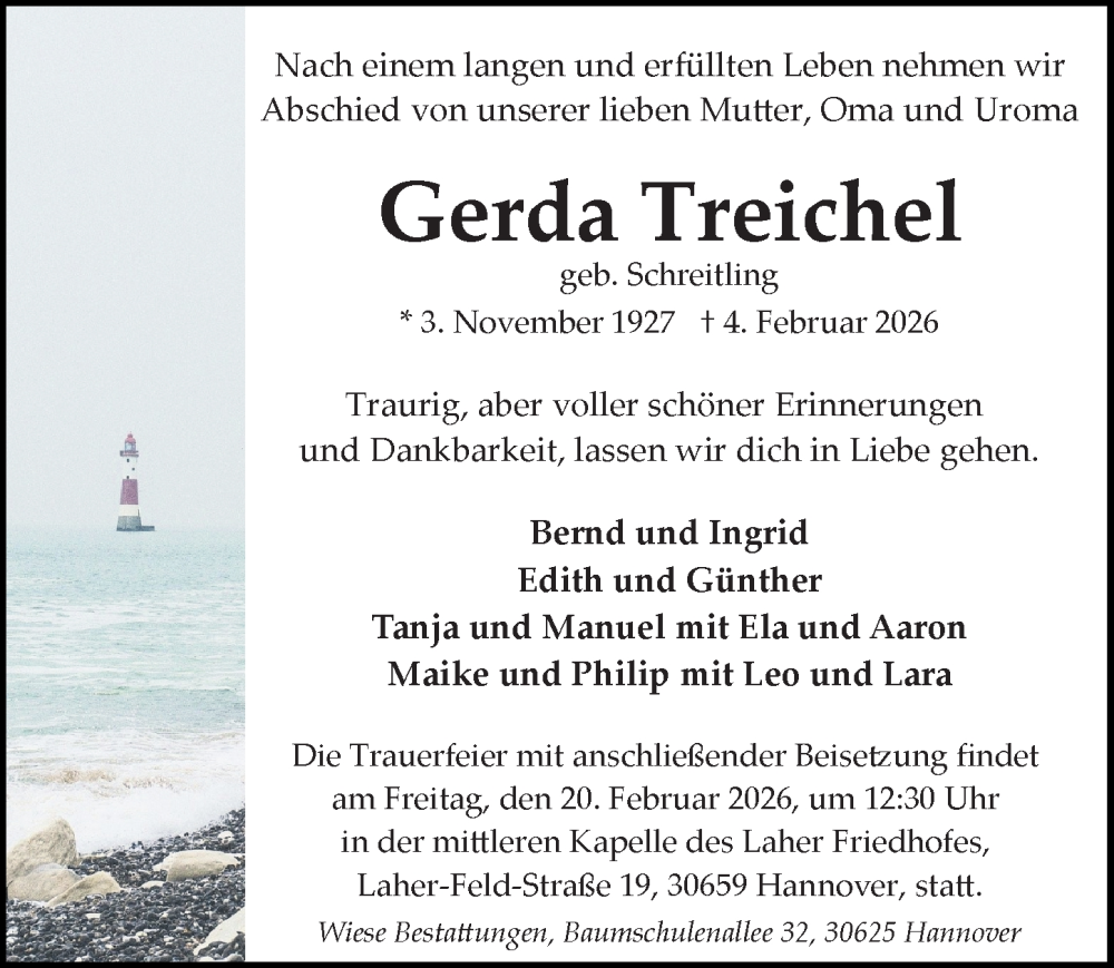  Traueranzeige für Gerda Treichel vom 14.02.2026 aus Hannoversche Allgemeine Zeitung/Neue Presse