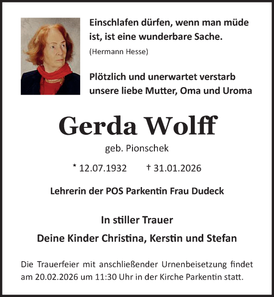 Traueranzeige von Gerda Wolff von Ostsee-Zeitung GmbH