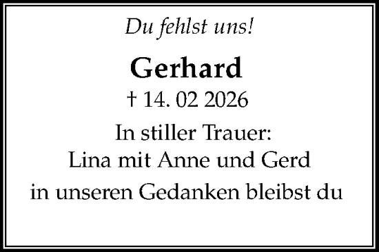Traueranzeige von Gerhard  von Die Harke