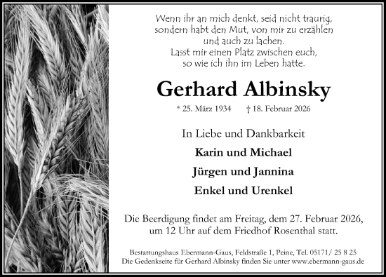 Traueranzeige von Gerhard Albinsky von Peiner Allgemeine Zeitung