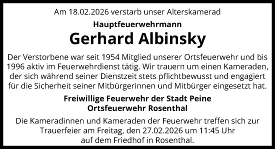 Traueranzeige von Gerhard Albinsky von Peiner Allgemeine Zeitung