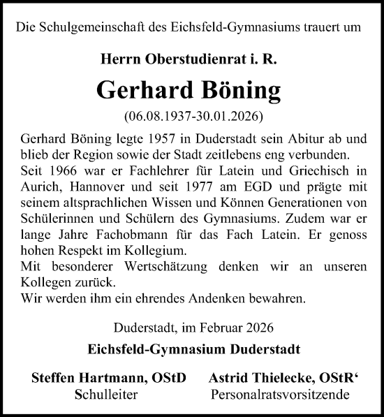 Traueranzeige von Gerhard Böning von Eichsfelder Tageblatt