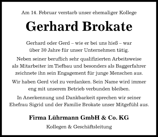 Traueranzeige von Gerhard Brokate von Die Harke