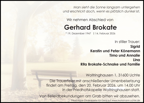 Traueranzeige von Gerhard Brokate von Die Harke