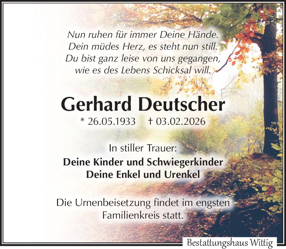  Traueranzeige für Gerhard Deutscher vom 14.02.2026 aus Leipziger Volkszeitung