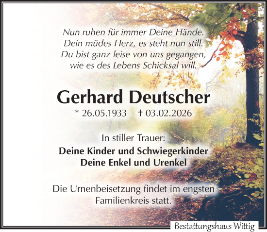 Traueranzeige von Gerhard Deutscher von Leipziger Volkszeitung