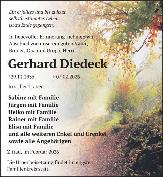 Traueranzeige von Gerhard Diedeck von Sächsische Zeitung
