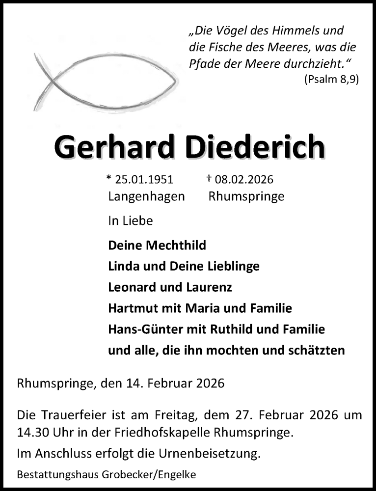  Traueranzeige für Gerhard Diederich vom 14.02.2026 aus Eichsfelder Tageblatt
